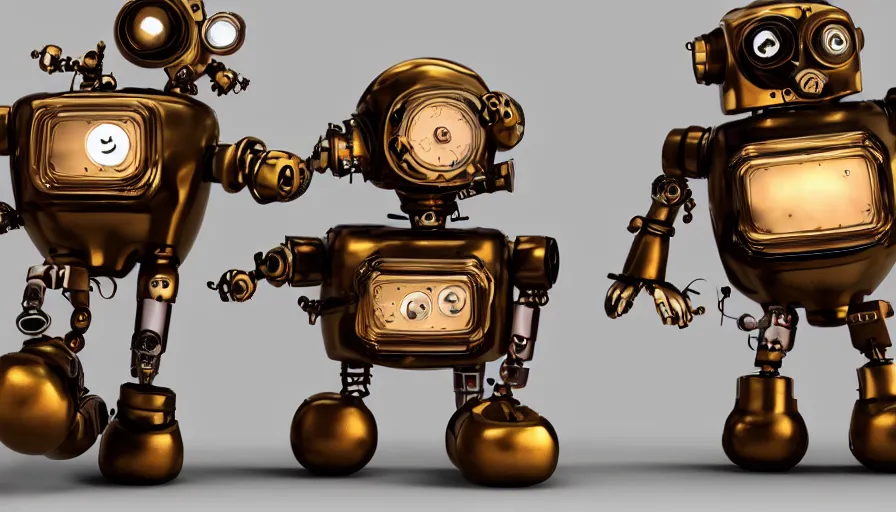 Image similar to two cute steampunk robots with human skin and large shiny eyes smiling and waving, isolated on white background, cinematic lights, 3D occlusion