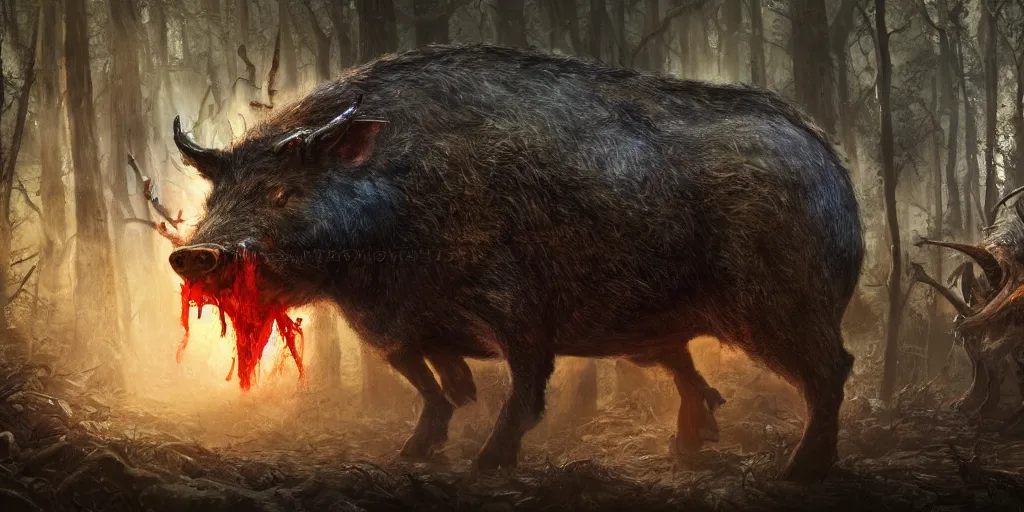 Image similar to giant wild boar god with bloody eyes and many tusks, in dark woods, dim colors, forest, highly detailed illustration, masterpiece, fantasy, magical, hyperdetailed, realistic, witch fairytale, 4 k, 8 k, highly detailed matte painting, dungeons and dragons