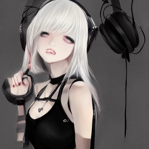 Image similar to realistic teasing detailed semirealism beautiful gorgeous cute Blackpink Lalisa Manoban white hair white cat ears blue eyes, wearing black camisole outfit, headphones, black leather choker full HD 4K high resolution quality WLOP, Aztodio, Taejune Kim, Guweiz, Pixiv, Instagram, Artstation