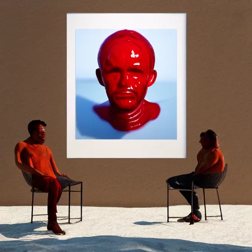 Image similar to a giant human head sculpture in the sea made out of juicy and half transparent red jelly, in the style of chad knight, long shot, hyper detailed, hyper realistic, ray tracing, 8 k resolution, sharp focus, realistic water, award winning