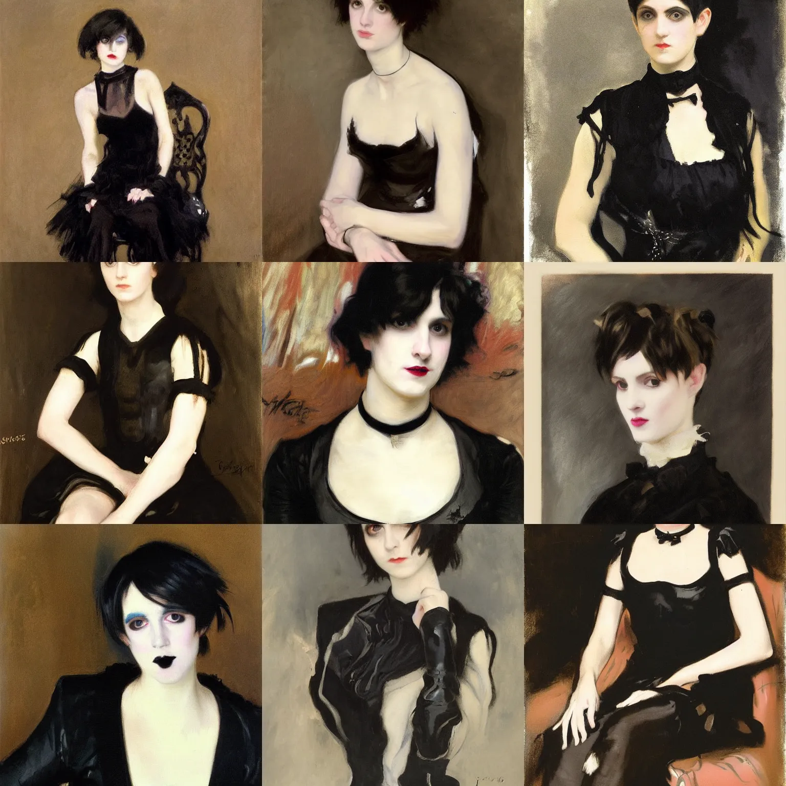 Prompt: A goth painted by John Singer Sargent. Her hair is dark brown and cut into a short, messy pixie cut. She has a slightly rounded face, with a pointed chin, large entirely-black eyes, and a small nose. She is wearing a black tank top, a black leather jacket, a black knee-length skirt, a black choker, and black leather boots.