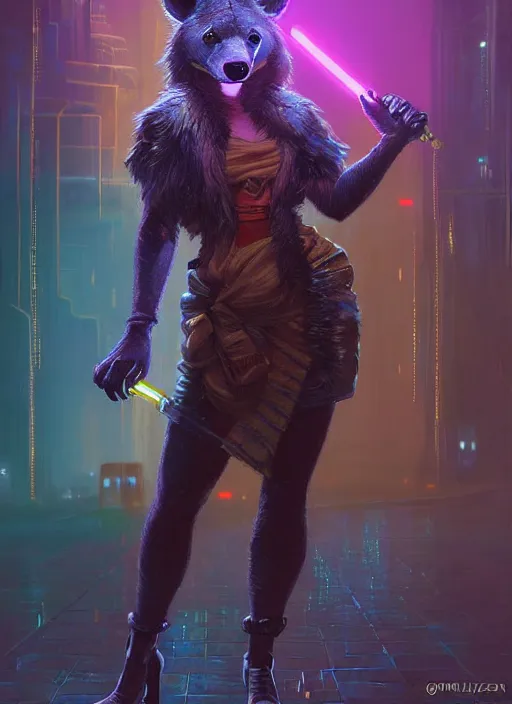 Prompt: beautiful full-body portrait commission of a [female furry anthro!!! spotted hyena fursona] [wearing jedi robes] [in a cyberpunk city at night in the rain]. Neon light. Atmospheric. Renowned character illustration by greg rutkowski, thomas kindkade, alphonse mucha, loish, norman rockwell. detailed, dungeons and dragons character art