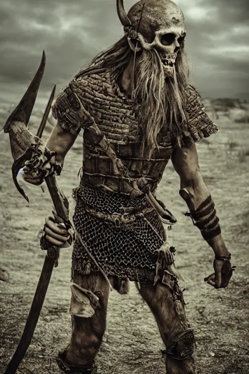 Prompt: realistic photograph of a skeleton viking man in the middle of battle, highly detailed, cinematic, portrait, close - up,