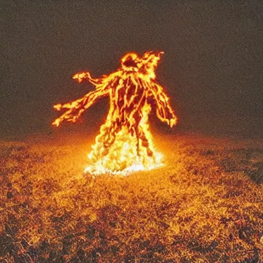 Image similar to “burning glowing scarecrow on fire engulfed in flames in a cornfield at darkest midnight, glowing embers raining down from the sky. Flash photograph.”