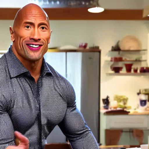 Prompt: dwayne johnson wearing a bowl cut wig still shot from cooking show 4k