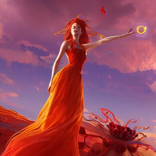 Image similar to goddes of the sun, beautiful, stunning, red golden dress, whirling with power in the sky, unreal engine, concept art, photorealistic, cinematic, james jean, akira, satochi con