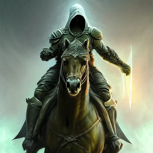 Image similar to concept art by artgerm, conquest of the four horsemen of the apocalypse, soft green natural light, intricate, hooded death riding a horse, highly detailed dark art, digital painting, artstation, concept art, smooth, sharp focus, illustration, art by greg rutkowski and luis rollo and uang guangjian and gil elvgren, symmetry!