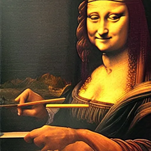 Image similar to rare photo of leonardo da vinci painting his unfinished painting of monalisa