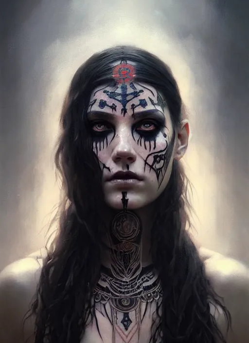 Prompt: hyper realistic portrait painting, beautifully rendered, gorgeous young goddess of death with ceremonial markings and ritualistic tattoos painted by greg rutkowski, wlop, artgerm, dishonored 2, dark and moody, black smoke