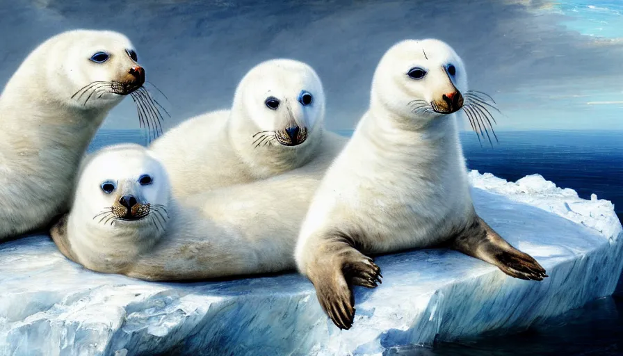 Prompt: highly detailed painting of cute furry white baby seal goose lions cuddling into each other on a blue and white iceberg by william turner, by greg rutkowski, by william constable, thick brush strokes and visible paint layers, 4 k resolution