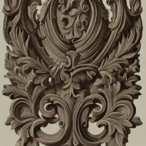 Image similar to a beautiful and masterful engraving decorative ornamental emblem, acanthus, floral, acroteria, arabesque, bead and reel, beams, bocage, cartouche, caulicoli, dentils, eagle, rendered in octane