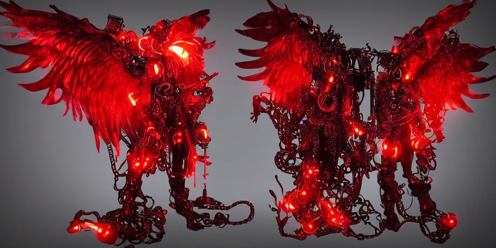 Image similar to pair of red mechanical demon wings, steampunk style, highly detailed, red houdini particle effects, glow, black background