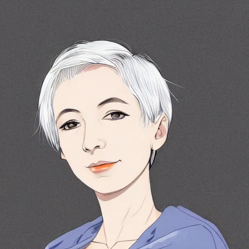 Prompt: portrait of a woman with short white hair, medium shot, illustration, high quality, by hiromu arakawa
