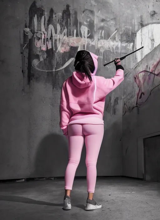 Image similar to kim kardashian doing graffiti mural in a derelict room, dust mist, rear-shot, pov from behind, very tight white leggings with a pink hoody with hood up, mold, intricate, epic lighting, cinematic composition, hyper realistic, 8k resolution, unreal engine 5