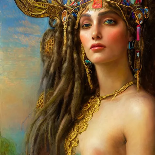 Image similar to artstation, intricate detail, portrait by gaston bussiere, tan skin, lady of elche, egyptian sumerian features, techno mystic dominatrix goddess intergalactica inanna with aqua neon rapunzel dreadlocks,