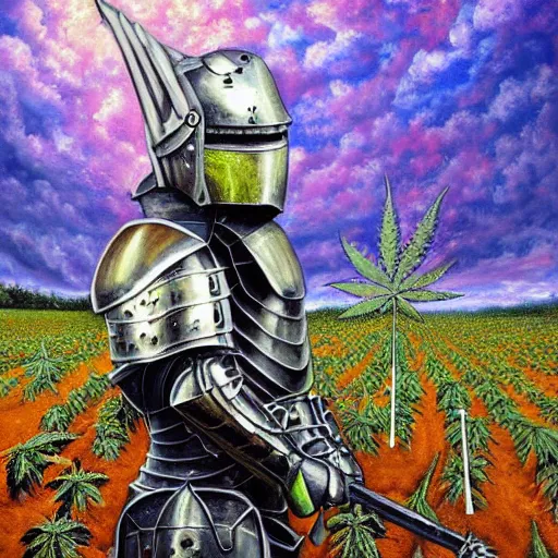 Image similar to a high detailed oil painting of a full armored knight sitting in a cannabis field. trending on artstation. fractal patterns. colorful