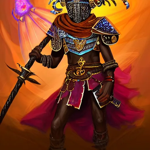 Image similar to a young black boy dressed like an african moorish warrior, with four arms, wearing gold armor and a crown with a ruby, posing with a very ornate glowing electric spear!!!!, for honor character digital illustration portrait design, by android jones in a psychedelic fantasy style, dramatic lighting, hero pose, wide angle dynamic portrait