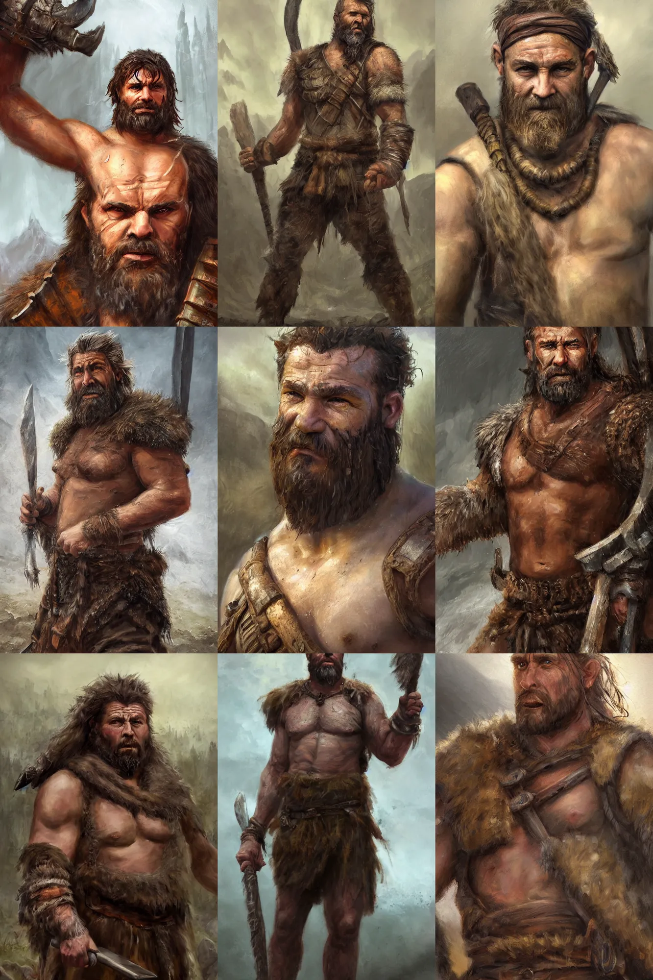 Prompt: a full body high detail fantasy portrait oil painting illustration of a single rugged stoic barbarian man by Justin Sweet with face and body clearly visible, in a out of focus scenic background, pupils visible, realistic proportions, d&d, rpg, forgotten realms, artstation trending, high quality, sombre mood, artstation trending, muted colours, no crop, entire person visible!,