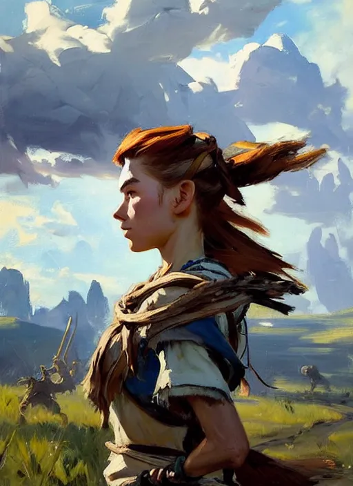 Prompt: Greg Manchess painting of Aloy from Horizon Zero Dawn, countryside, calm, fantasy character portrait, dynamic pose, above view, sunny day, thunder clouds in the sky, artwork by Jeremy Lipkin and Giuseppe Dangelico Pino and Michael Garmash and Rob Rey, very coherent asymmetrical artwork, sharp edges, perfect face, simple form, 100mm