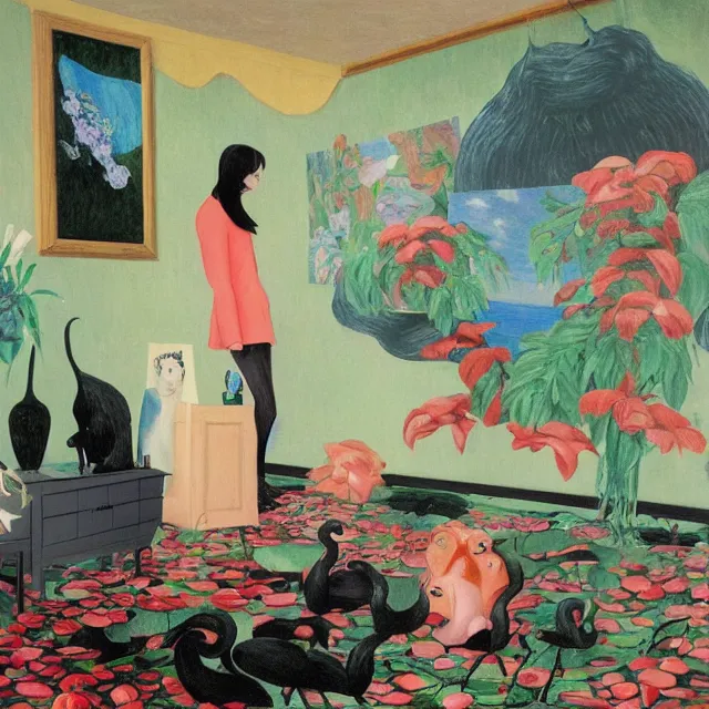 Image similar to emo catgirl artist in her lounge room, painting of flood waters inside an artist's loungeroom, a river flooding indoors, pomegranates, pigs, ikebana, water, octopus, river, rapids, waterfall, black swans, canoe, berries, acrylic on canvas, surrealist, by magritte and monet