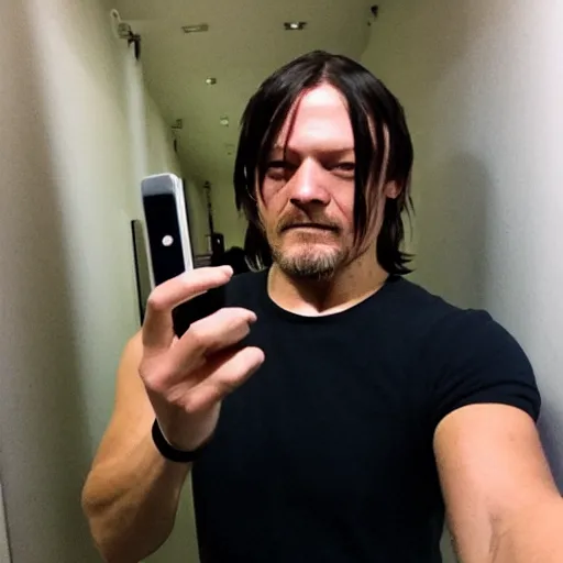 Image similar to Norman Reedus taking a selfie in the backrooms hallway, liminal space hallway, backrooms, selfie photo