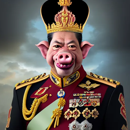 Prompt: a portrait of King Vajiralongkorn with the facial features of a pig, realistic face, grimdark extremely detailed fantasy art by Gerald Brom, octane render