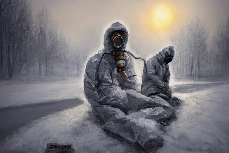 Prompt: ryan church jon mccoy concept art mood painting man wearing grey hazmat suit gas mask sitting against concreate wall snow covered field watching the beautiful winter sunrise