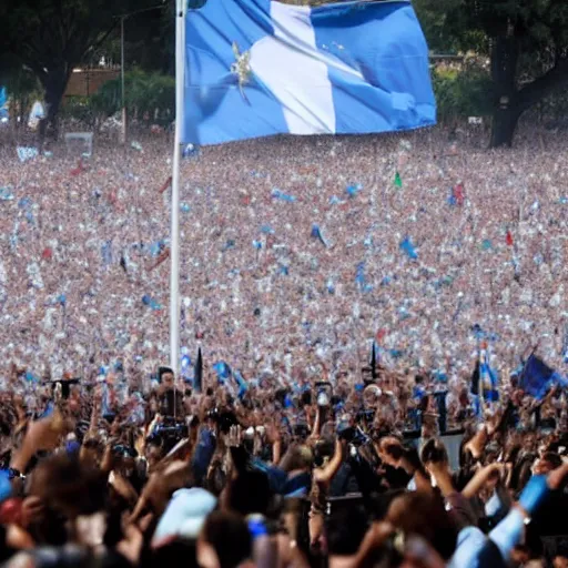 Image similar to Lady Gaga as president, Argentina presidential rally, Argentine flags behind, bokeh, giving a speech, detailed face, Argentina