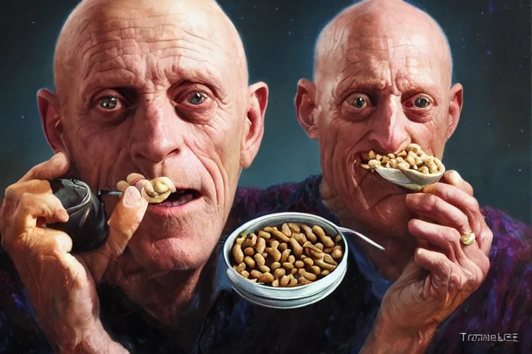 Prompt: portrait of michael berryman sharing eating a can of beans, an oil painting by ross tran and thomas kincade