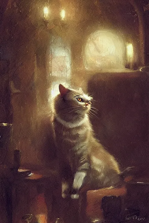 Prompt: of a gentlemen cat with the head of a british longhair cat, wearing vest suite in the night club, by greg rutkowski