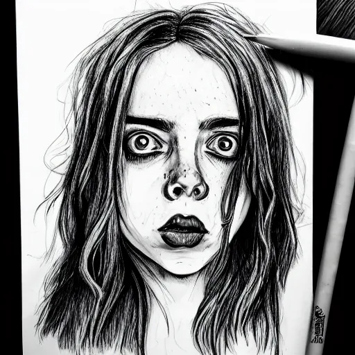 Image similar to grunge drawing of billie eilish in the style of the shining