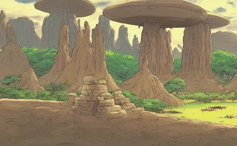 Prompt: a cell - shaded studio ghibli concept art from paprika ( 2 0 0 6 ) of a spaceship from close encounters of the third kind ( 1 9 7 7 ) sitting on top of a lush temple that looks like monument valley stonehenge jungle. a caravan is in the foreground. very dull colors, portal, hd, 4 k, hq
