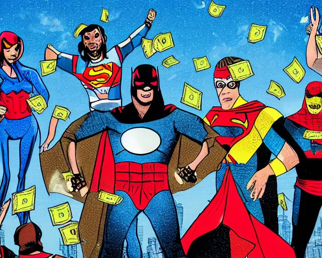 Prompt: rappers in superhero costumes looking at the sky. a swarm of money in the city. people running for their lives. terrorist attack. it's raining money. game show. ecstacy