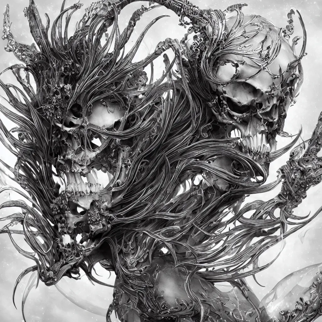 Image similar to close-up macro portrait of the face of a beautiful princess with animal skull mask, epic angle and pose ribcage skeleton, symmetrical artwork, 3d with depth of field, blurred background, cybernetic jellyfish female face skull phoenix bird, translucent, nautilus, energy flows of water and fire. a highly detailed epic cinematic concept art CG render. made in Maya, Blender and Photoshop, octane render, excellent composition, cinematic dystopian brutalist atmosphere, dynamic dramatic cinematic lighting, aesthetic, very inspirational, arthouse. y Greg Rutkowski, Ilya Kuvshinov, WLOP, Stanley Artgerm Lau, Ruan Jia and Fenghua Zhong