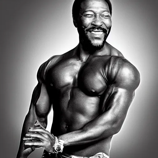 Image similar to marvin gaye with a physique of a body builder, hyper realistic, ultra detailed, cinematic, dynamic lighting, photorealistic, refined, intricate, digital art, digital painting, masterpiece, 8k,