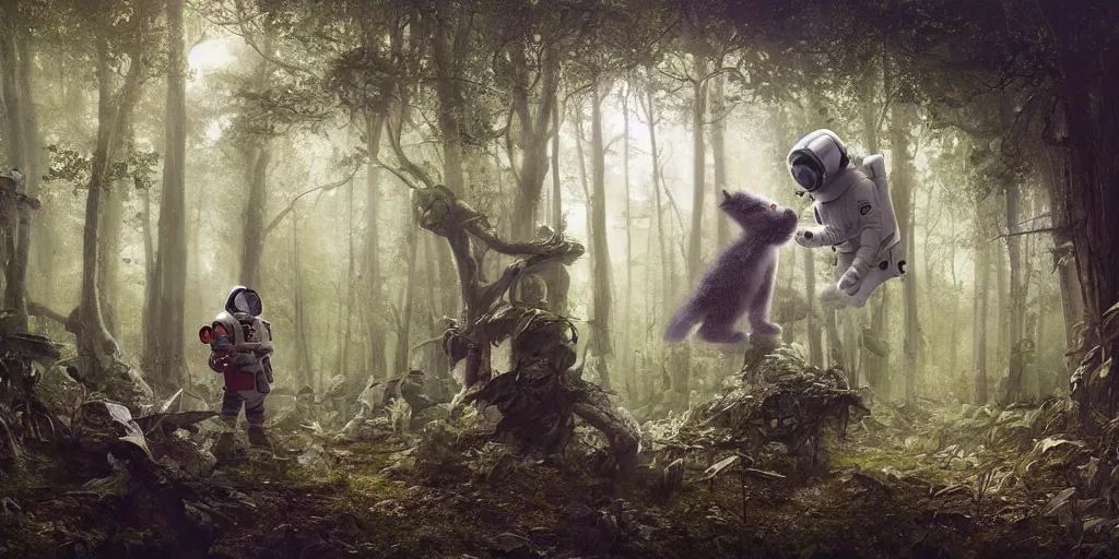 Image similar to an astronaut and a strange furry creature in a forest, a detailed matte painting by frieke janssens, featured on cgsociety, fantasy art, matte painting, reimagined by industrial light and magic, matte drawing