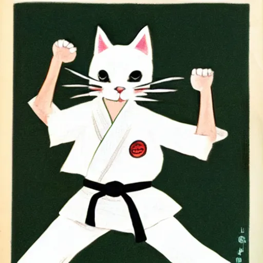 Prompt: drawing of a humanoid cat wearing a karate uniform in fighting pose