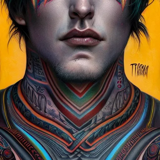 Image similar to ultra realistic portrait painting of a perfect handsome man green eyes black and grey hair, neck tribal snake tattoo, painted by Tristan Eaton Stanley Artgerm and Tom Bagshaw