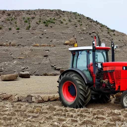 Prompt: a tractor lifting heavy stones