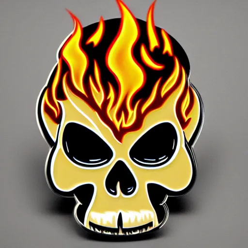 Image similar to a highly detailed retro minimalistic menacing clean skull with fire flame enamel pin, hd, concept art, artstation, deviantart