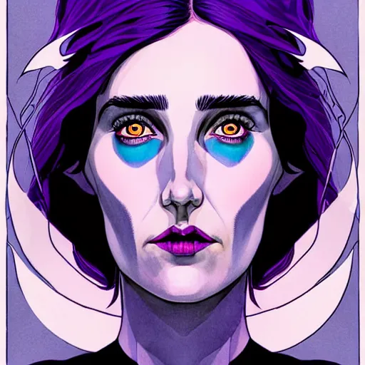 Image similar to in the style of Joshua Middleton comic art, beautiful witch spooky female, Jennifer Connelly, blue and purple glowing hair, perfect eyes perfect symmetrical eyes, symmetrical face, black magic, dark forest background, painterly style