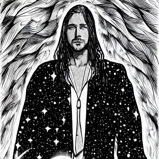 Image similar to black and white pen and ink!!!!!!! MAPPA designed Ryan Gosling wearing cosmic space robes made of stars final form flowing royal hair golden!!!! Vagabond!!!!!!!! floating magic swordsman!!!! glides through a beautiful!!!!!!! Camellia!!!! Tsubaki!!! flower!!!! battlefield dramatic esoteric!!!!!! Long hair flowing dancing illustrated in high detail!!!!!!!! by Moebius and Hiroya Oku!!!!!!!!! graphic novel published on 2049 award winning!!!! full body portrait!!!!! action exposition manga panel black and white Shonen Jump issue by David Lynch eraserhead and beautiful line art Hirohiko Araki!! Rossetti, Millais, Mucha, Jojo's Bizzare Adventure