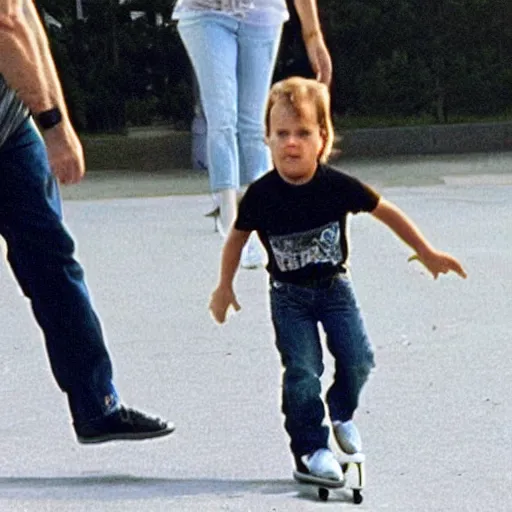 Image similar to baby nicolas cage skateboarding