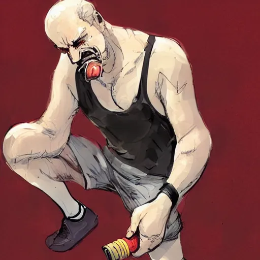 Image similar to concept art for a balding middle - aged character wearing a singlet while smoking, by dustin nguyen, akihiko yoshida, greg tocchini, trending on artstation, 8 k