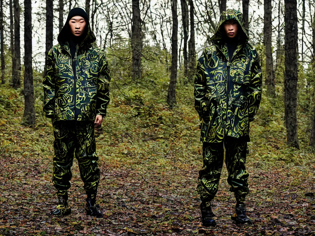 Image similar to versace avant garde oversized jacket arctic camouflage pants fur green gold necklace textiles streetwear cyberpunk buff fit japanese asian man shaved head in the woods overcast late evening dramatic professional color 8 k hdr