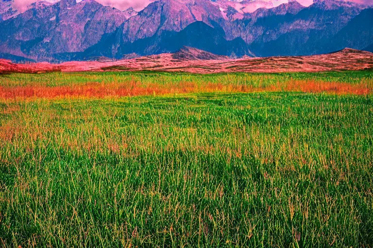 Prompt: film color photography, long view of green lawn with mirror that reflected red, no focus, mountains in distance, 35mm