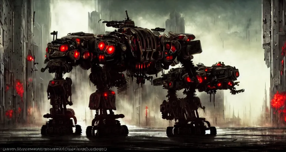 Image similar to bloody - zombie - flesh - battlemech, in a cyberpunk gothic city hyper realistic sci - fi matte concept art painting of dramatic cinematic scene, guns, missiles, explosions, beautiful details, strong composition painted by kim jung guweta studio rutkowski, james gurney and greg rutkowski, and lucasfilm, smooth, intricate, detailed, sharp focus, cinematic