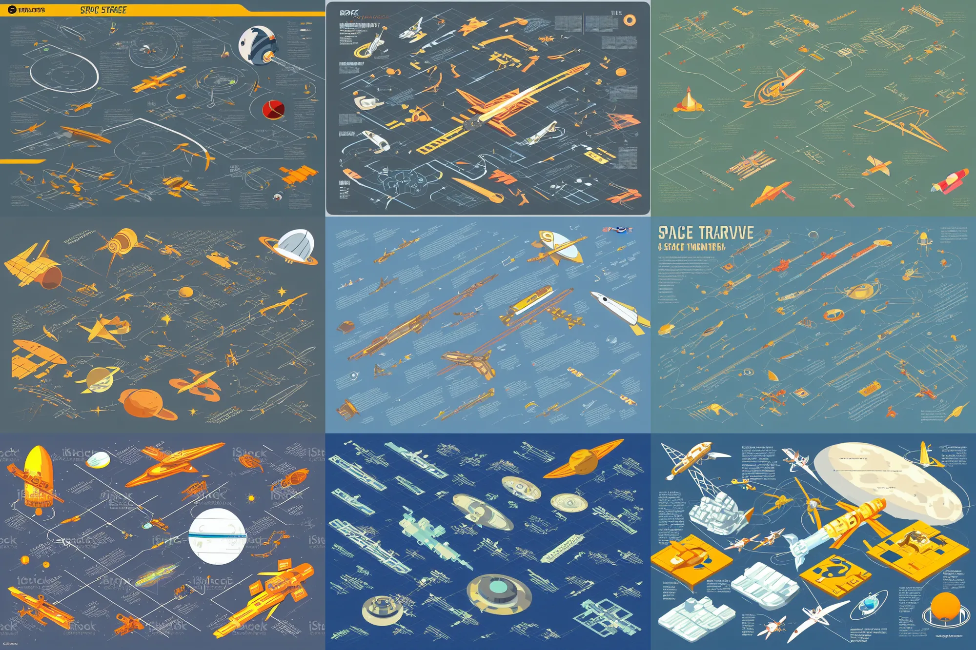 Prompt: Infographic of Space travel, concept art, industrial sci-fi, technical drawing, vector art, isometric illustration