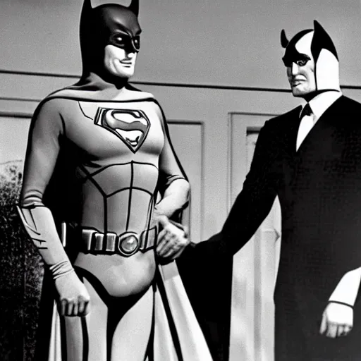 Image similar to adam west batman teams up with superman on the 1 9 6 6 batman tv show