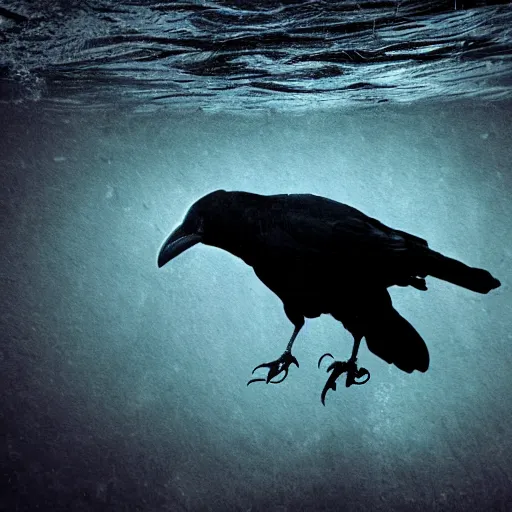 Image similar to crow underwater, glow, horror, creepy